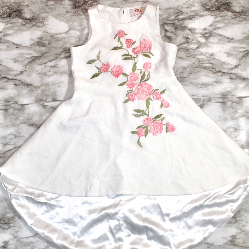 GB Girls White High-Low Dress with Pink Rose Embroidery